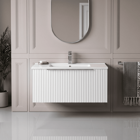 [BFFF196B] Tixall 1 Drawer Wall Hung Vanity Basin Unit with 1 Tap Hole Minimalist Ceramic Basin, Choice of Size and Colour - Silo