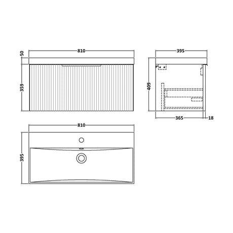 [BFFF196D] Tixall Fluted 1 Drawer Wall Hung Vanity Unit with Thin Edge Basin, Satin White, 800mm - Technical Drawing