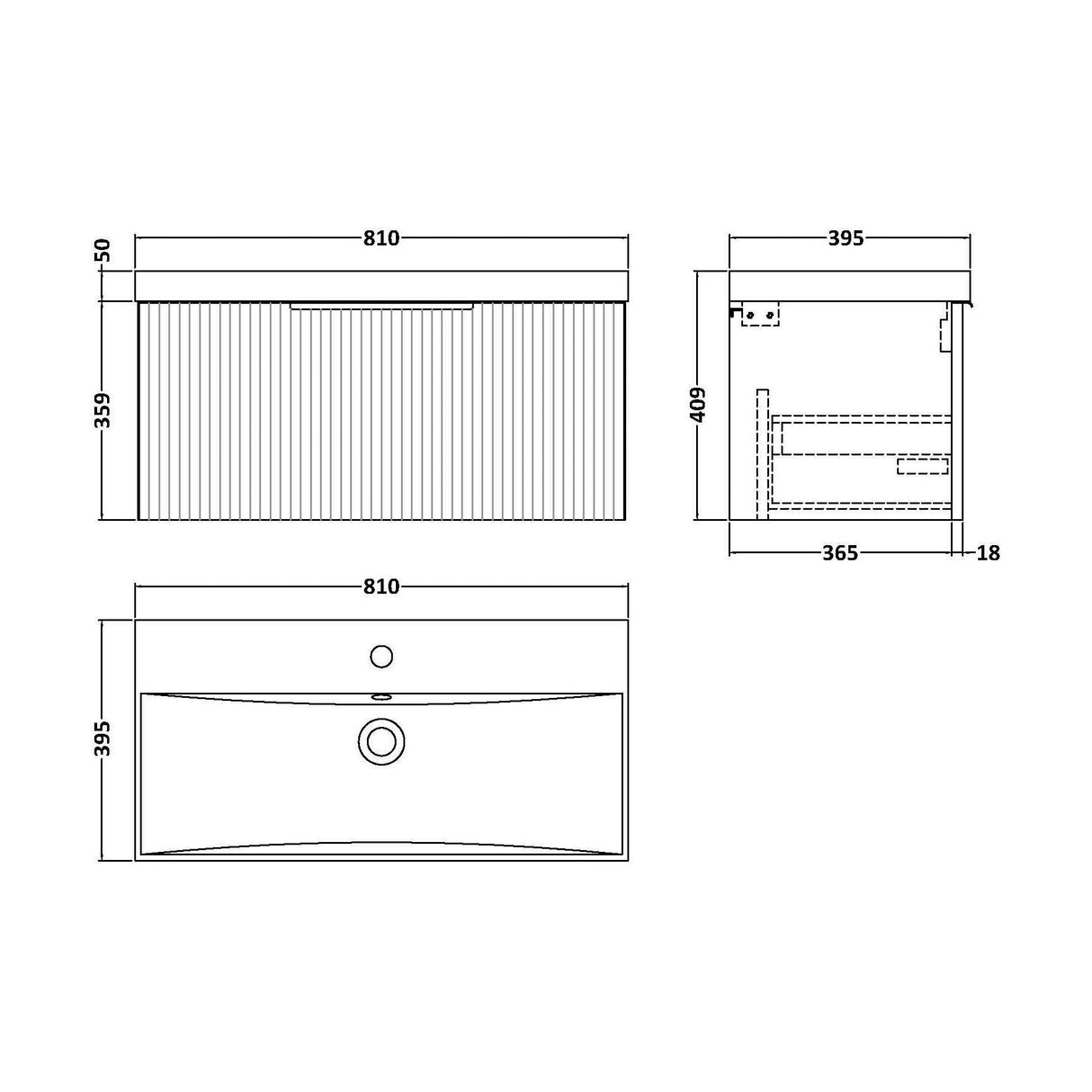 [BFFF196D] Tixall 1 Drawer Wall Hung Vanity Basin Unit with 1 Tap Hole Thin-Edge Ceramic Basin, Choice of Size and Colour - Technical Drawing