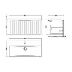 [BFFF196D] Tixall 1 Drawer Wall Hung Vanity Basin Unit with 1 Tap Hole Thin-Edge Ceramic Basin, Choice of Size and Colour - Technical Drawing