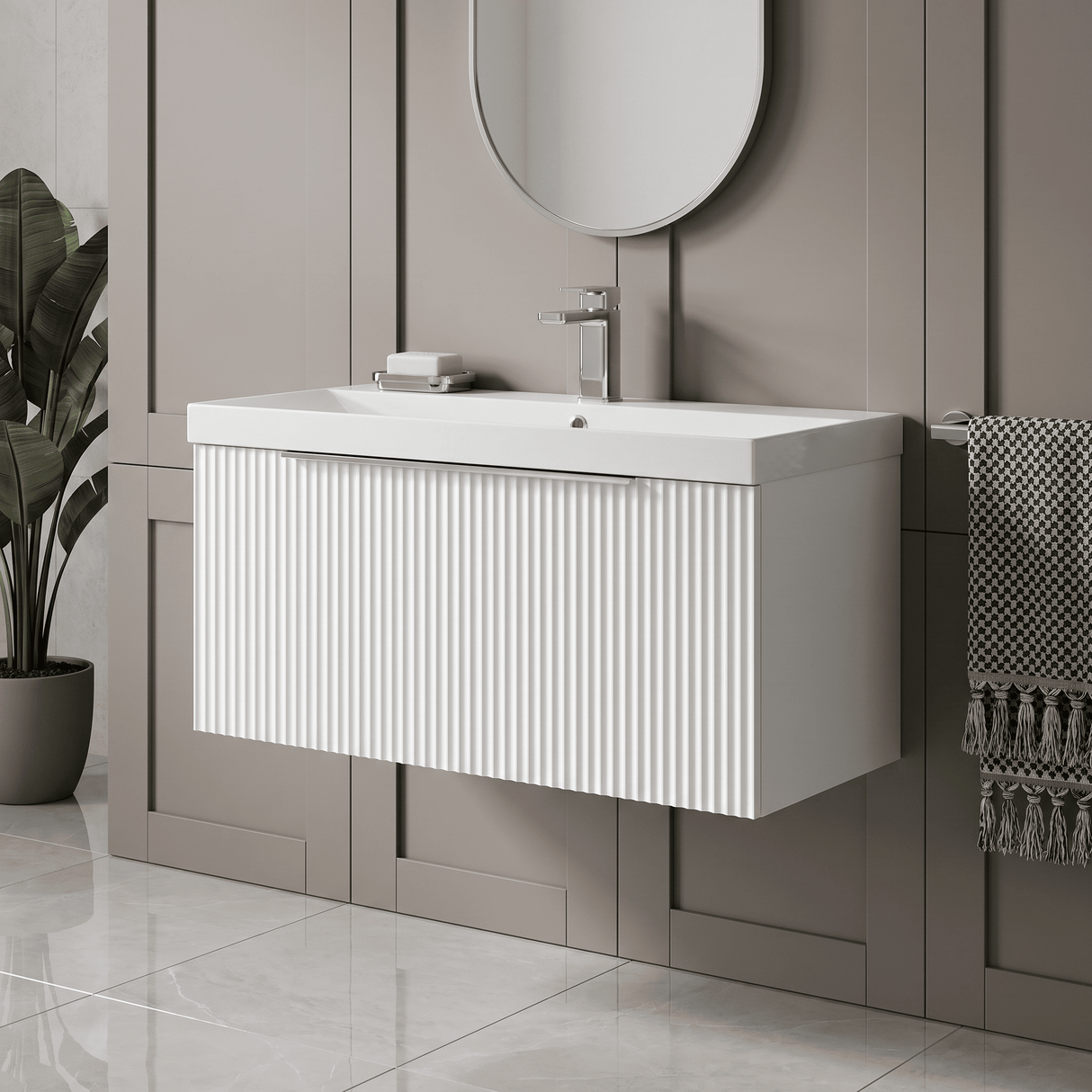 [BFFF196D] Tixall 1 Drawer Wall Hung Vanity Basin Unit with 1 Tap Hole Thin-Edge Ceramic Basin, Choice of Size and Colour