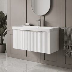 [BFFF196D] Tixall 1 Drawer Wall Hung Vanity Basin Unit with 1 Tap Hole Thin-Edge Ceramic Basin, Choice of Size and Colour