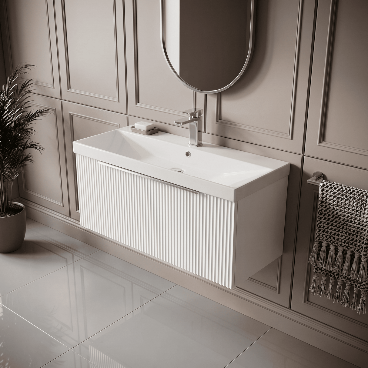 [BFFF196D] Tixall 1 Drawer Wall Hung Vanity Basin Unit with 1 Tap Hole Thin-Edge Ceramic Basin, Choice of Size and Colour