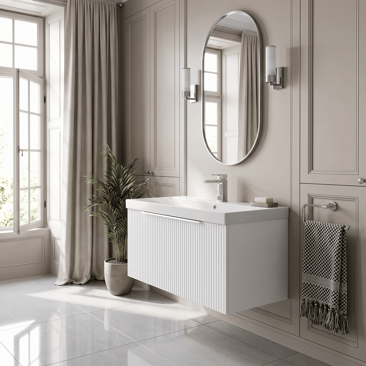 [BFFF196D] Tixall 1 Drawer Wall Hung Vanity Basin Unit with 1 Tap Hole Thin-Edge Ceramic Basin, Choice of Size and Colour