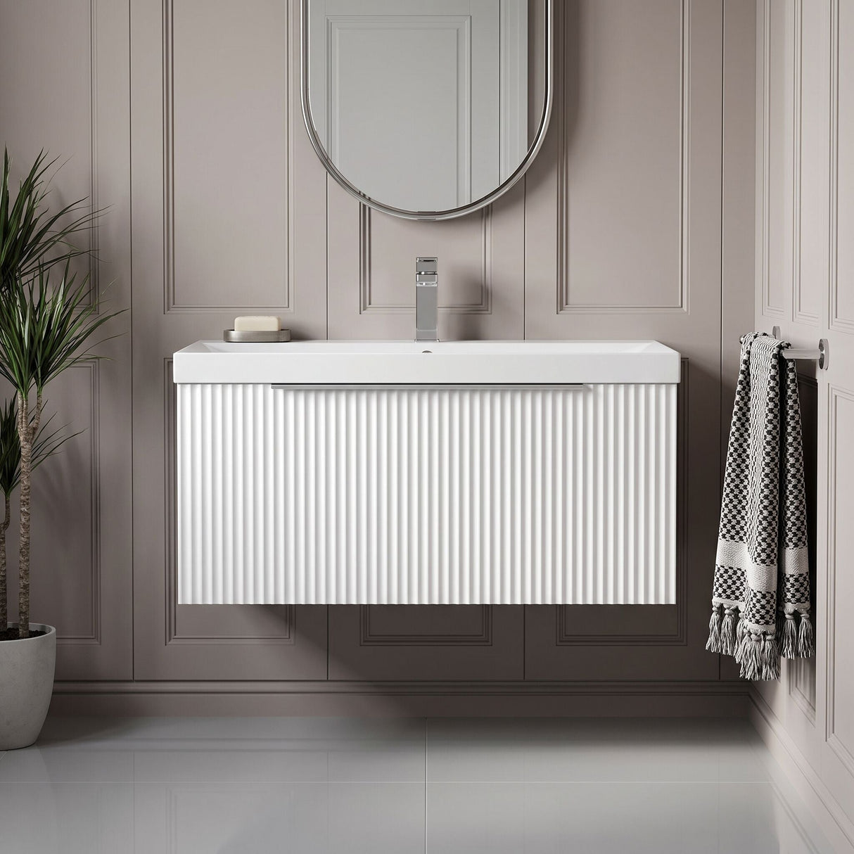 [BFFF196D] Tixall 1 Drawer Wall Hung Vanity Basin Unit with 1 Tap Hole Thin-Edge Ceramic Basin, Choice of Size and Colour - Silo