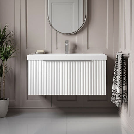 [BFFF196D] Tixall 1 Drawer Wall Hung Vanity Basin Unit with 1 Tap Hole Thin-Edge Ceramic Basin, Choice of Size and Colour - Silo