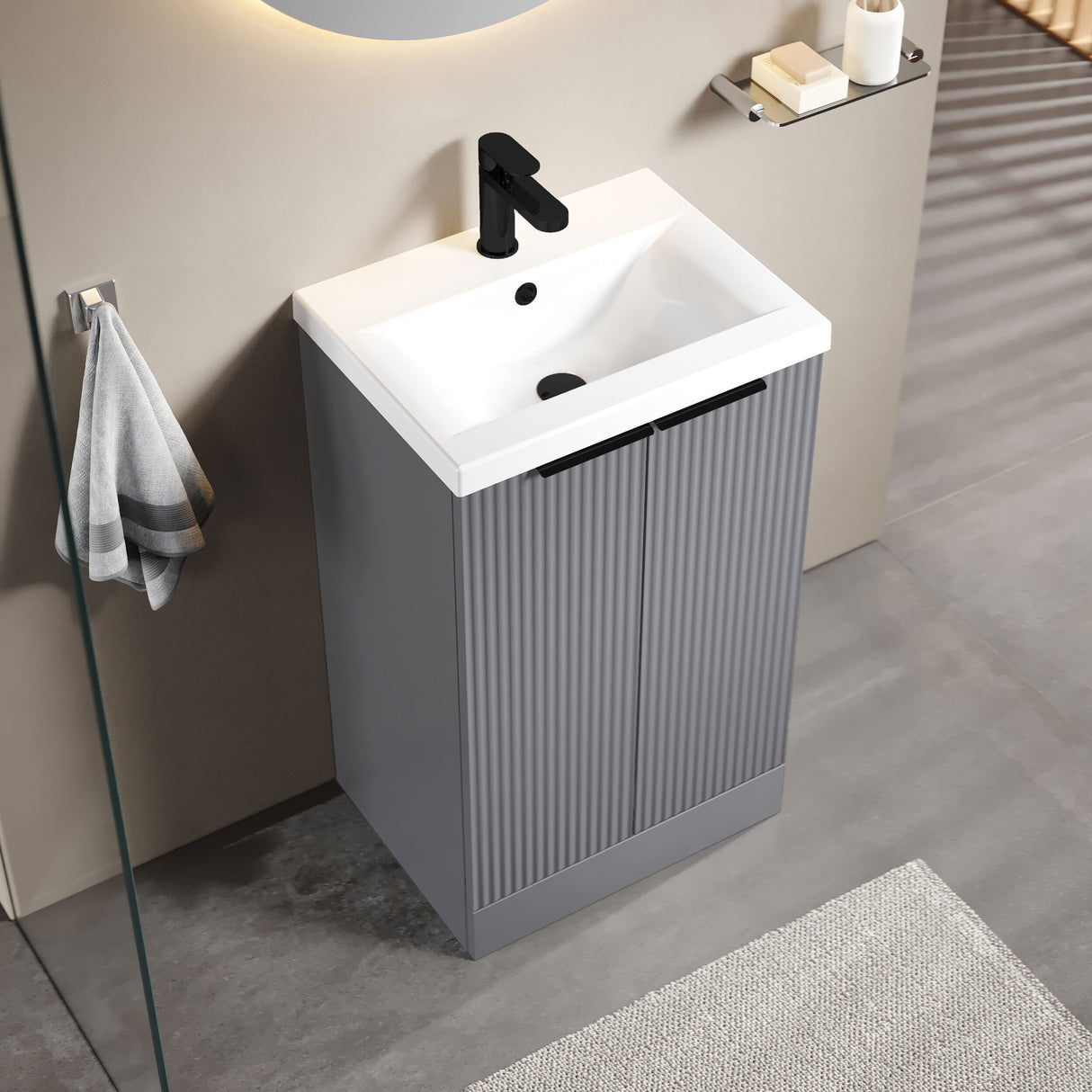 [BFFF223AH224] Tixall Fluted Front Floor Standing Vanity Basin Unit with Choice of Size, Colour and Handle Options - Lifestyle 2