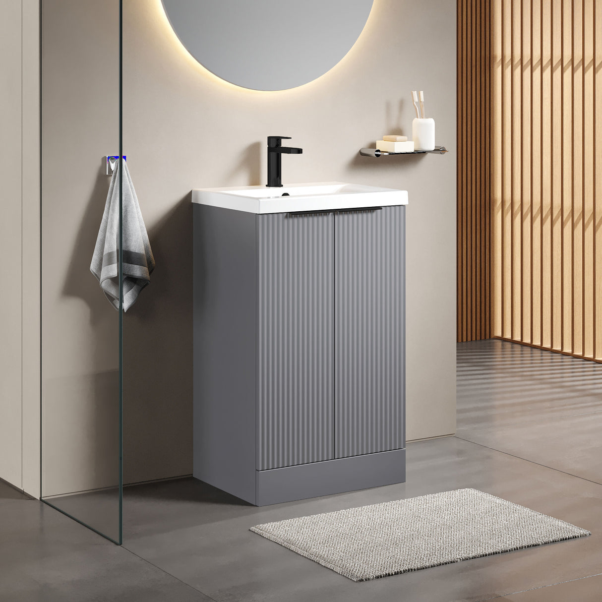 [BFFF223AH224] Tixall Fluted Front Floor Standing Vanity Basin Unit with Choice of Size, Colour and Handle Options - Lifestyle 3