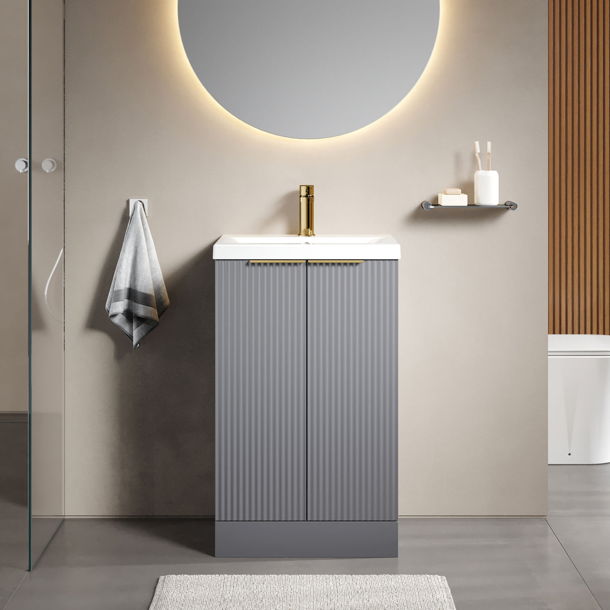 [BFFF223AH324] Tixall Fluted Front Floor Standing Vanity Basin Unit with Choice of Size, Colour and Handle Options - Lifestyle 1