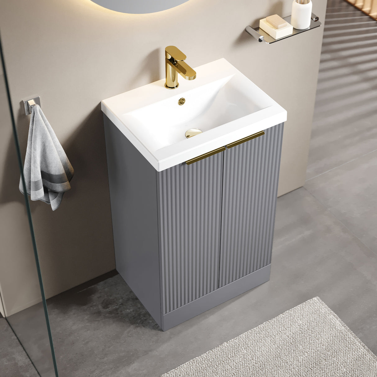 [BFFF223AH324] Tixall Fluted Front Floor Standing Vanity Basin Unit with Choice of Size, Colour and Handle Options - Lifestyle 2