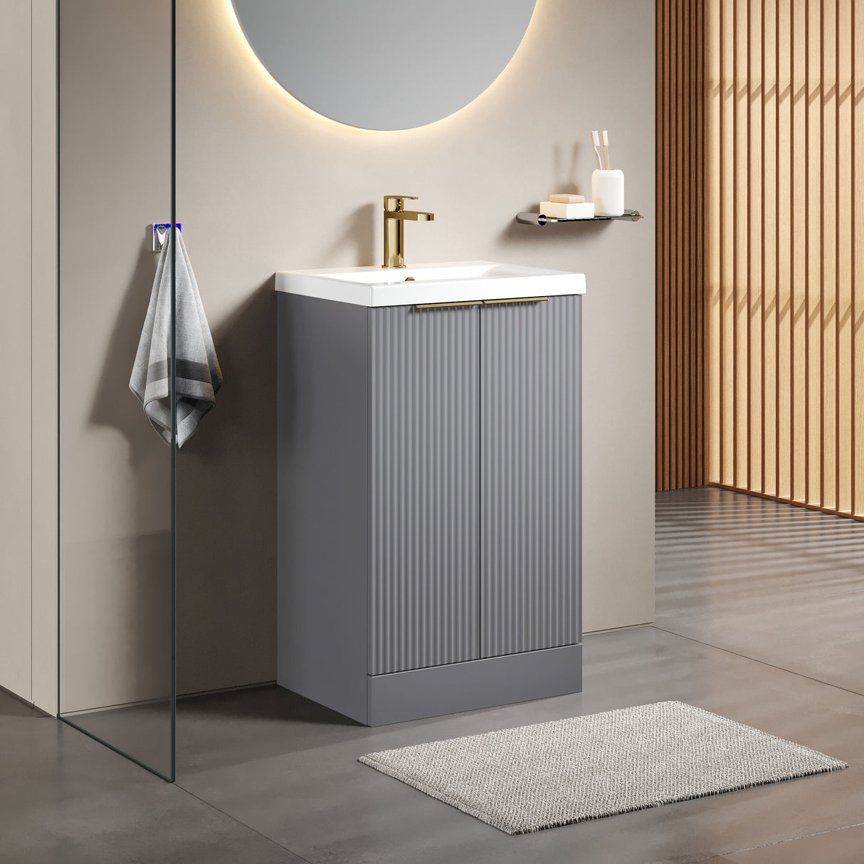 [BFFF223AH324] Tixall Fluted Front Floor Standing Vanity Basin Unit with Choice of Size, Colour and Handle Options - Lifestyle 3
