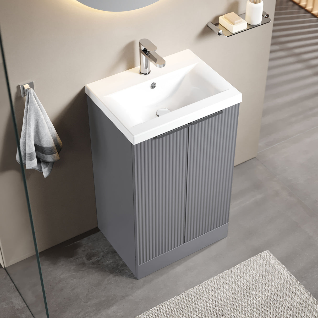 [BFFF223A] Tixall Fluted Front Floor Standing Vanity Basin Unit with Choice of Size, Colour and Handle Options - Lifestyle 2