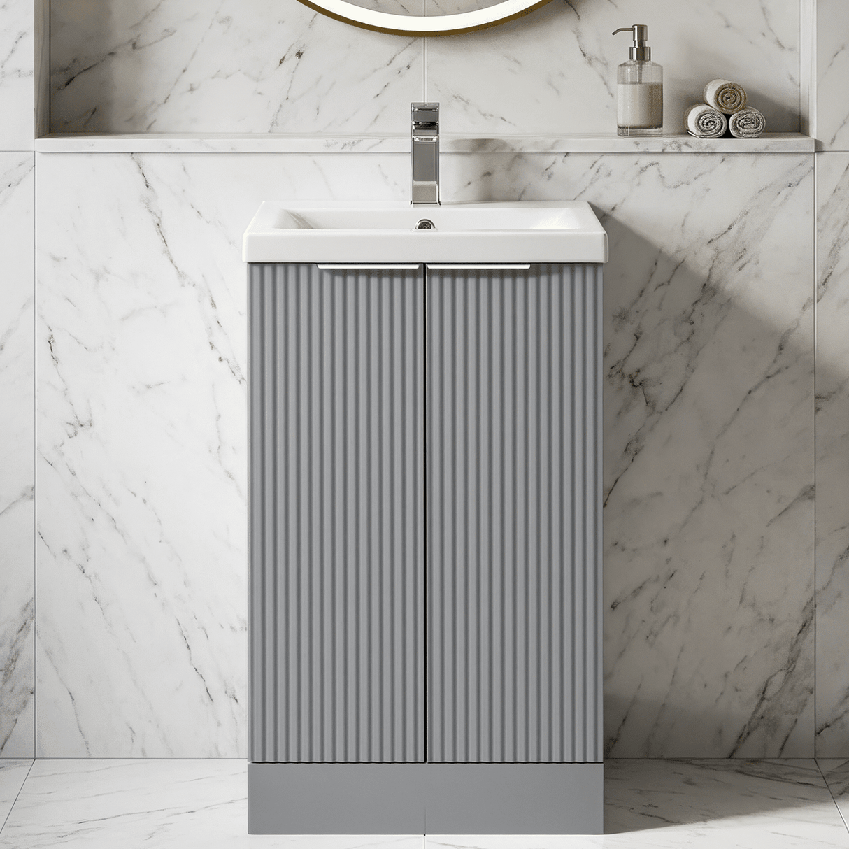 [BFFF223A] Tixall Fluted Front Floor Standing Vanity Basin Unit with Choice of Size, Colour and Handle Options - Silo