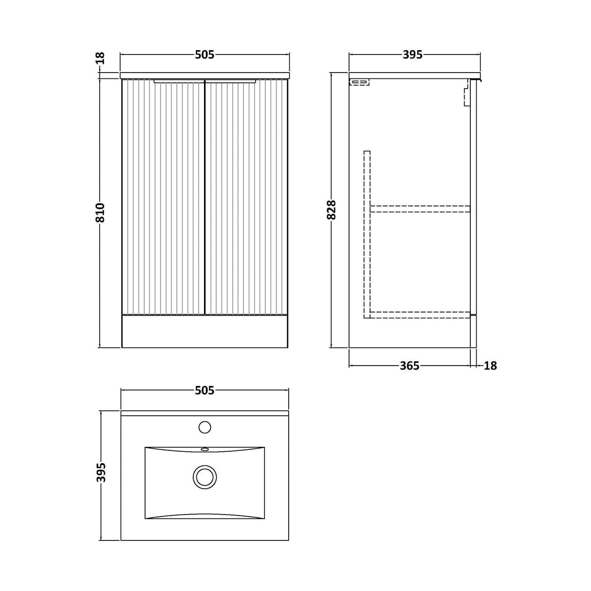 [BFFF223B] Tixall Floor Standing Vanity Basin Unit with 1 Tap Hole Minimalist Ceramic Basin, Choice of Size and Colour - Technical Drawing