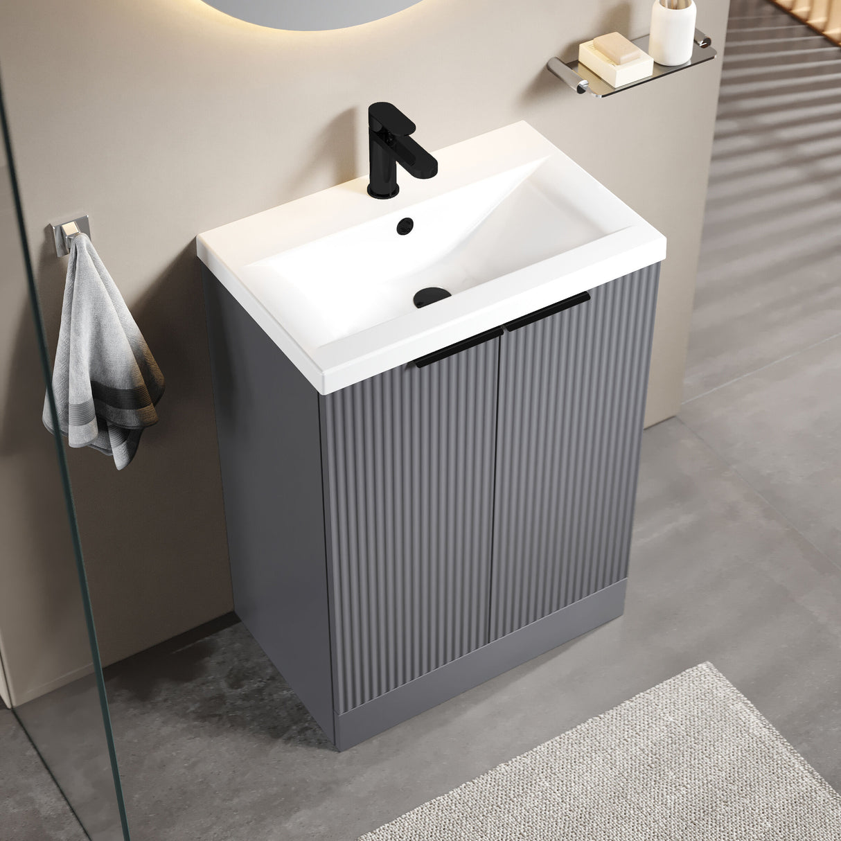 [BFFF225AH224] Tixall Fluted Front Floor Standing Vanity Basin Unit with Choice of Size, Colour and Handle Options - Lifestyle 2
