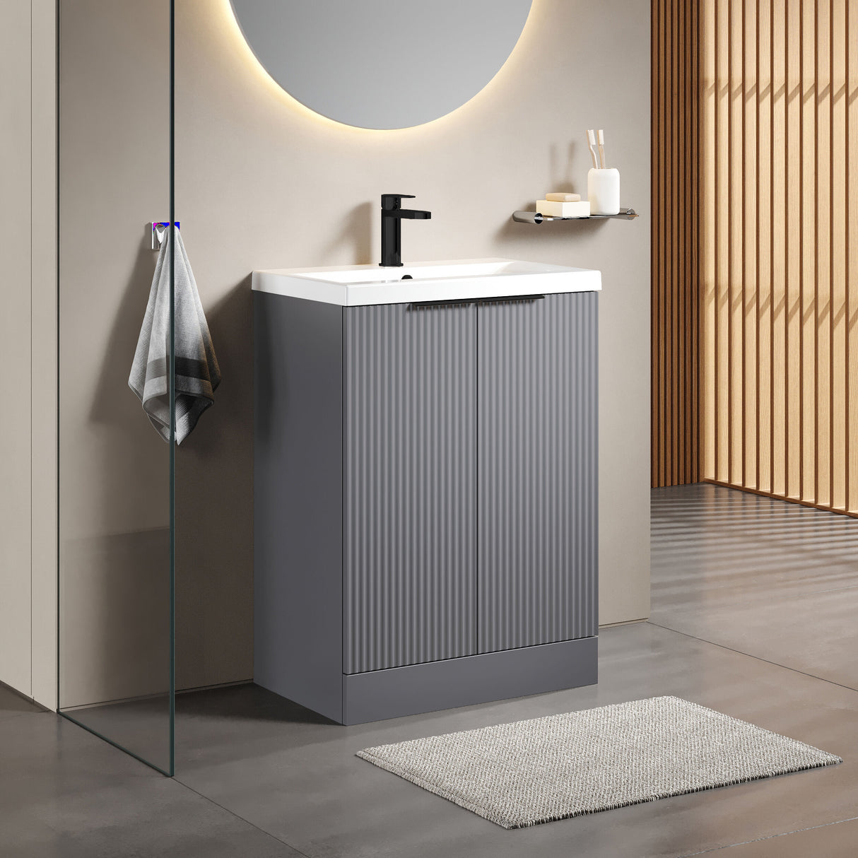 [BFFF225AH224] Tixall Fluted Front Floor Standing Vanity Basin Unit with Choice of Size, Colour and Handle Options - Lifestyle 3