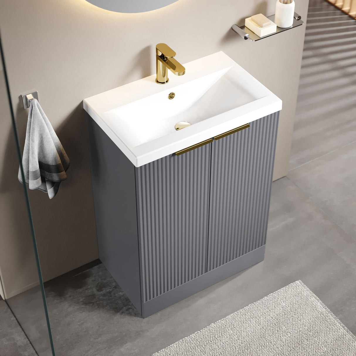 [BFFF225AH324] Tixall Fluted Front Floor Standing Vanity Basin Unit with Choice of Size, Colour and Handle Options - Lifestyle 2