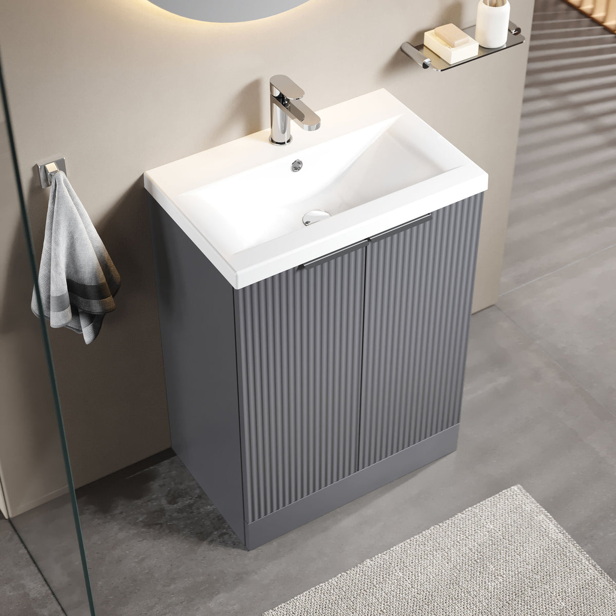 [BFFF225A] Tixall Fluted Front Floor Standing Vanity Basin Unit with Choice of Size, Colour and Handle Options - Lifestyle 2