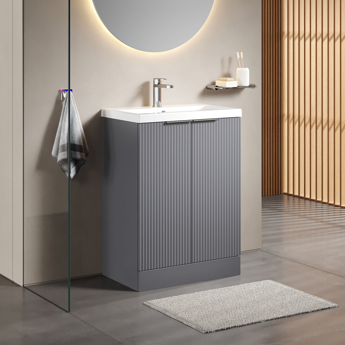 [BFFF225A] Tixall Fluted Front Floor Standing Vanity Basin Unit with Choice of Size, Colour and Handle Options - Lifestyle 3
