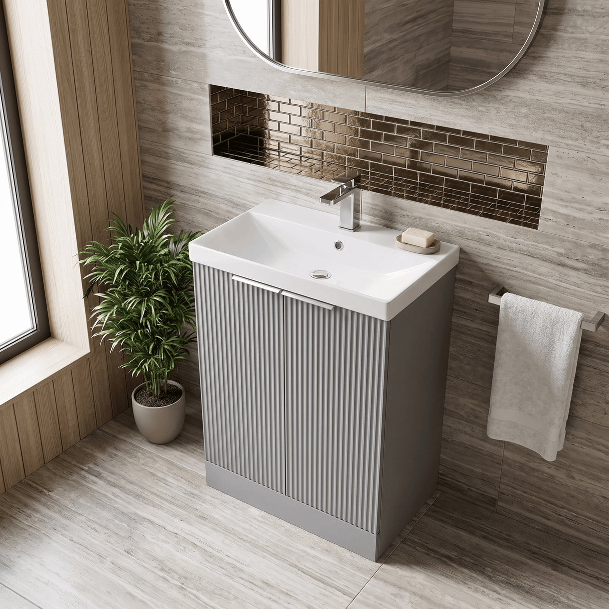 [BFFF225D] Tixall Floor Standing Vanity Basin Unit with 1 Tap Hole Thin-Edge Ceramic Basin, Choice of Size and Colour