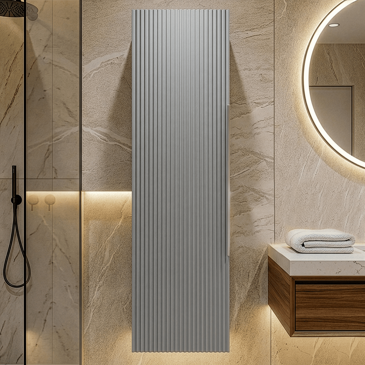 [BFFF262] Tixall Fluted Wall Hung Tall Bathroom Storage Unit, 400mm, Multiple Colours and Handle Options - Silo