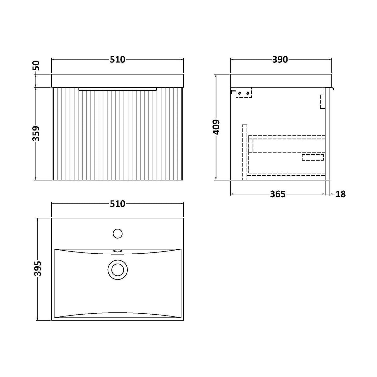 [BFFF291D] Tixall 1 Drawer Wall Hung Vanity Basin Unit with 1 Tap Hole Thin-Edge Ceramic Basin, Choice of Size and Colour - Technical Drawing
