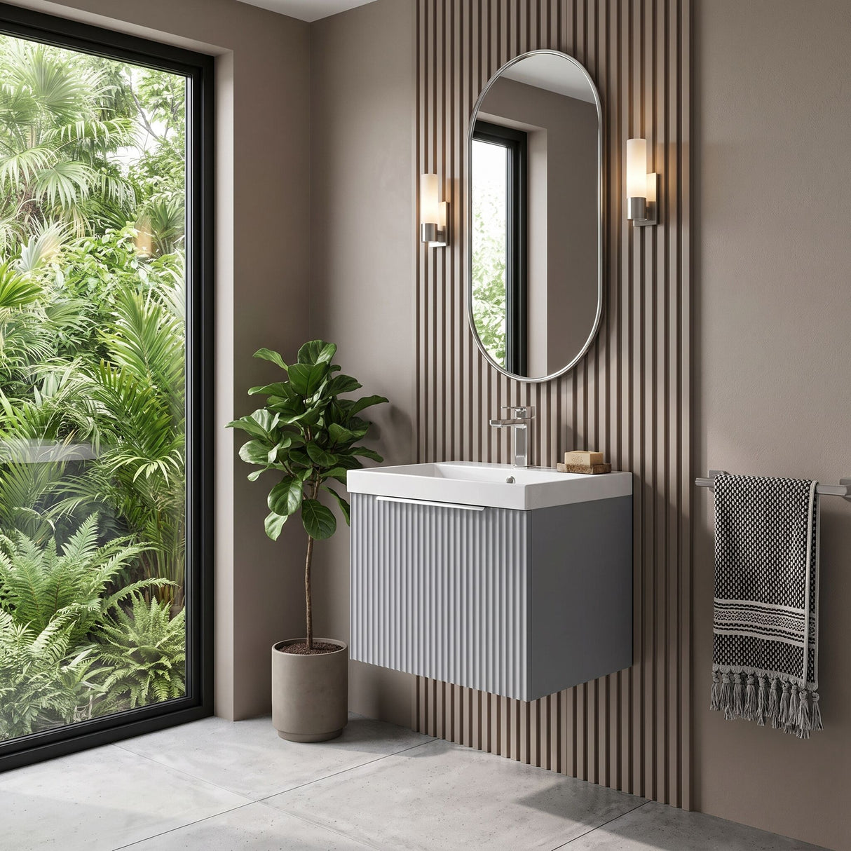 [BFFF291D] Tixall 1 Drawer Wall Hung Vanity Basin Unit with 1 Tap Hole Thin-Edge Ceramic Basin, Choice of Size and Colour