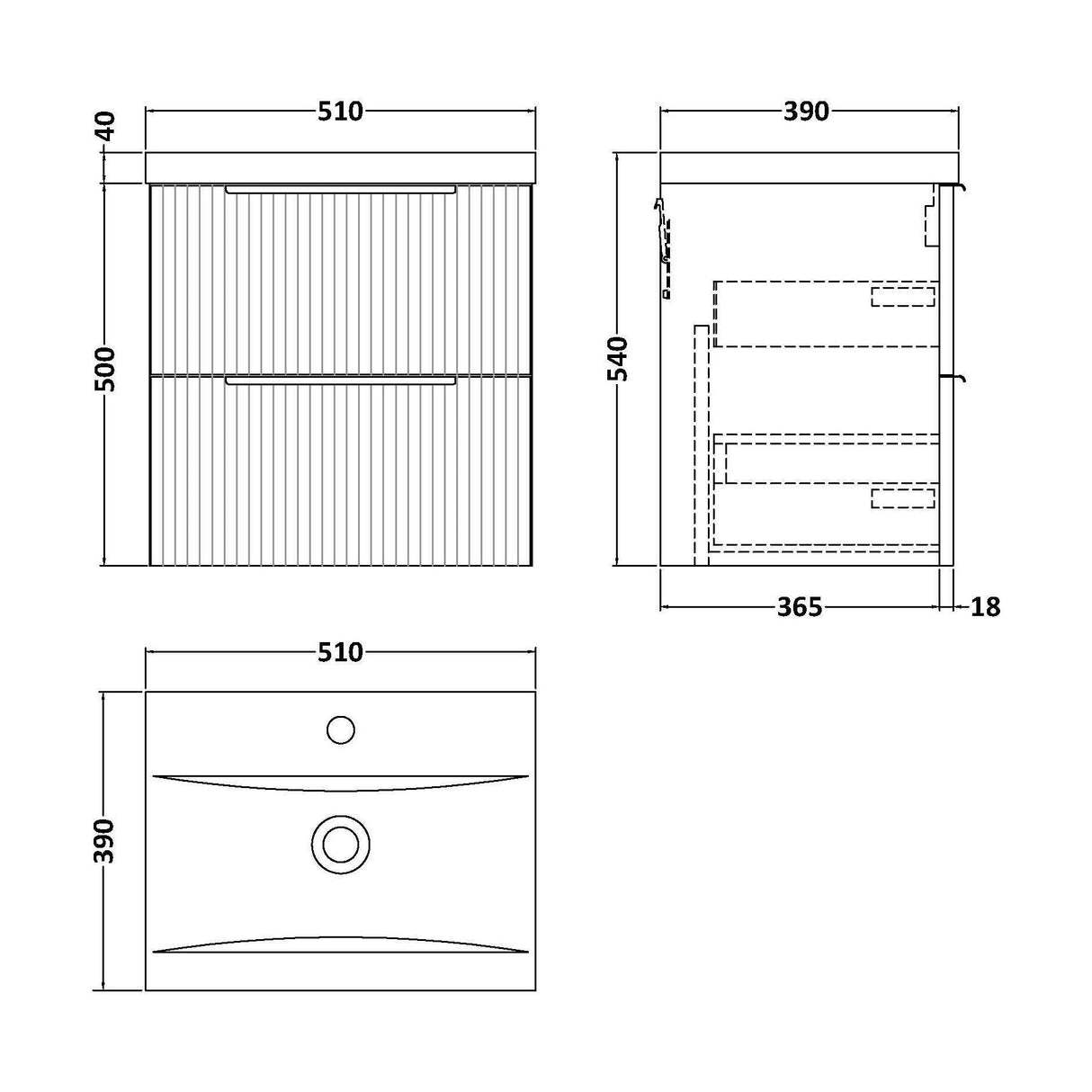 [BFFF292A] Tixall Fluted Front Wall Hung Vanity Basin Unit with Choice of Size, Colour and Handle Options - Technical Drawing