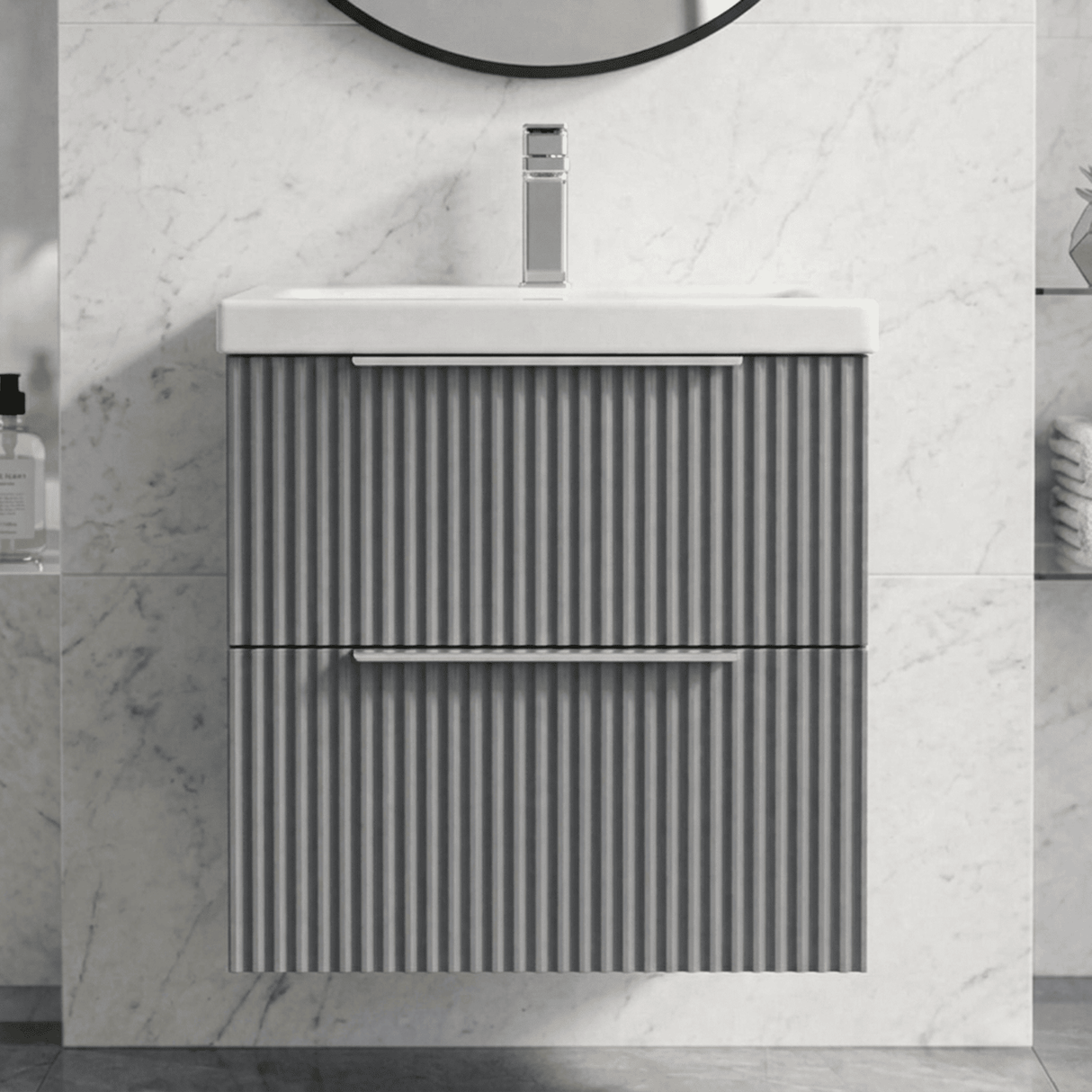 [BFFF292A] Tixall Fluted Front Wall Hung Vanity Basin Unit with Choice of Size, Colour and Handle Options - Silo
