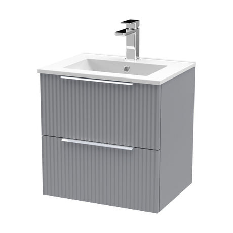[BFFF292B] Tixall Fluted 2 Drawer Wall Hung Vanity Unit with Minimalist Basin, Satin Grey, 500mm - Cutout