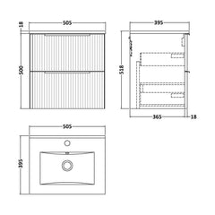 [BFFF292B] Tixall Fluted 2 Drawer Wall Hung Vanity Unit with Minimalist Basin - Choice of Size and Colour - Technical Drawing