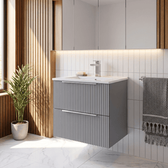 [BFFF292B] Tixall Fluted 2 Drawer Wall Hung Vanity Unit with Minimalist Basin - Choice of Size and Colour