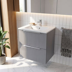 [BFFF292B] Tixall Fluted 2 Drawer Wall Hung Vanity Unit with Minimalist Basin - Choice of Size and Colour