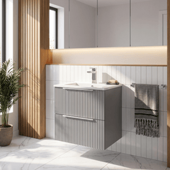 [BFFF292B] Tixall Fluted 2 Drawer Wall Hung Vanity Unit with Minimalist Basin - Choice of Size and Colour