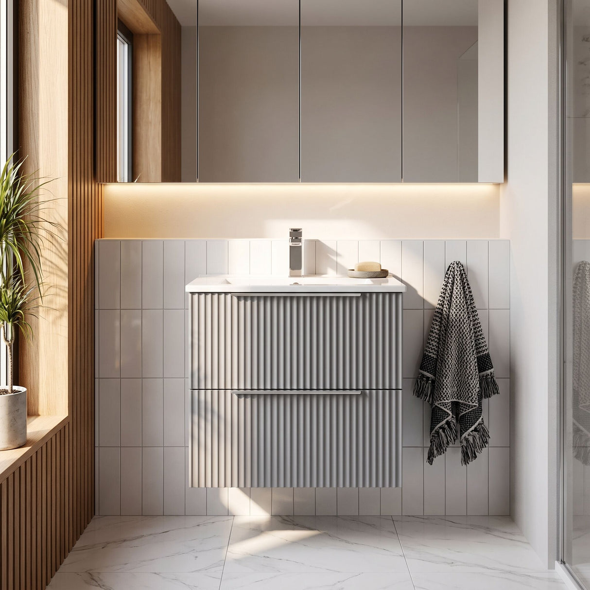 [BFFF292B] Tixall Fluted 2 Drawer Wall Hung Vanity Unit with Minimalist Basin - Choice of Size and Colour - Silo