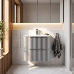[BFFF292B] Tixall Fluted 2 Drawer Wall Hung Vanity Unit with Minimalist Basin - Choice of Size and Colour - Silo