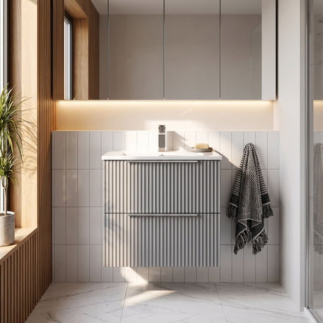 [BFFF292B] Tixall Fluted 2 Drawer Wall Hung Vanity Unit with Minimalist Basin - Choice of Size and Colour - Silo