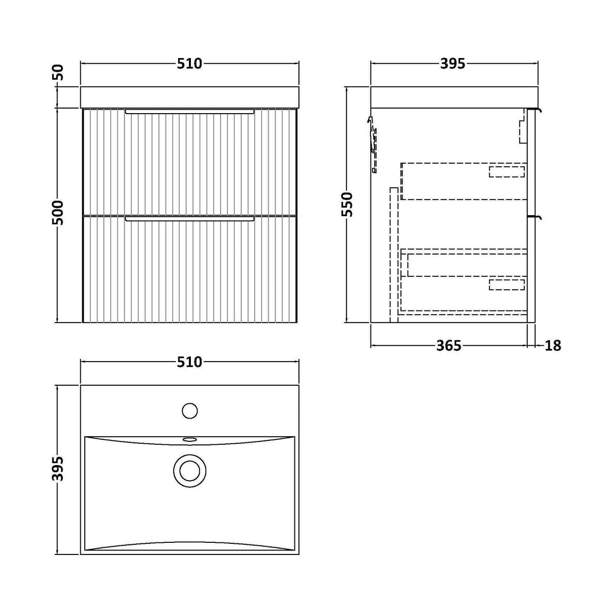 [BFFF292D] Tixall Fluted 2 Drawer Wall Hung Vanity Unit with Thin Edge Basin - Choice of Size and Colour - Technical Drawing