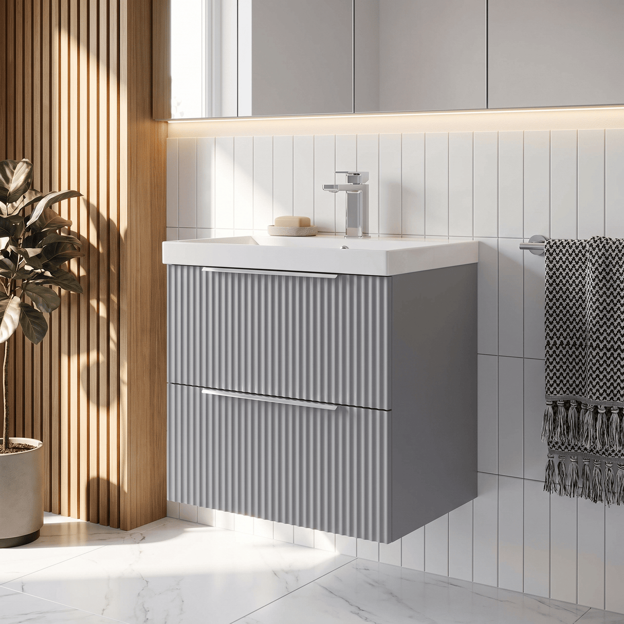 [BFFF292D] Tixall Fluted 2 Drawer Wall Hung Vanity Unit with Thin Edge Basin - Choice of Size and Colour