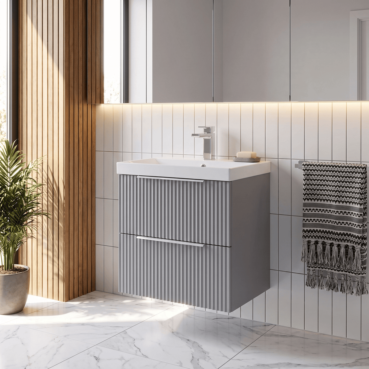 [BFFF292D] Tixall Fluted 2 Drawer Wall Hung Vanity Unit with Thin Edge Basin - Choice of Size and Colour