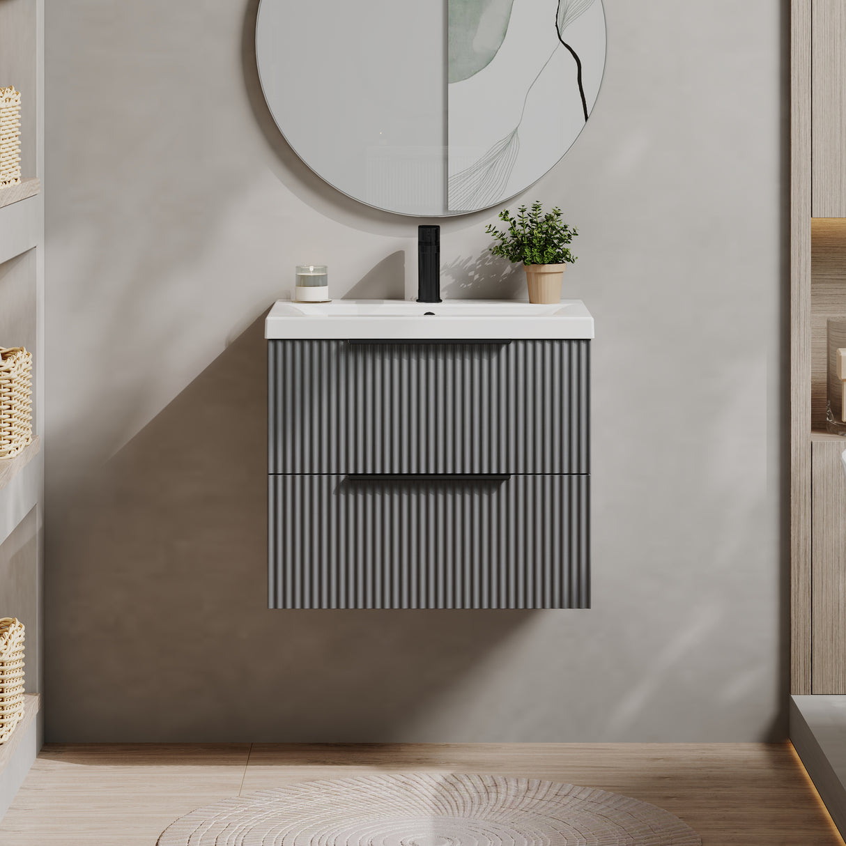 Fluted Front Wall Hung Vanity Basin Unit with Choice of Size, Colour and Handle Options