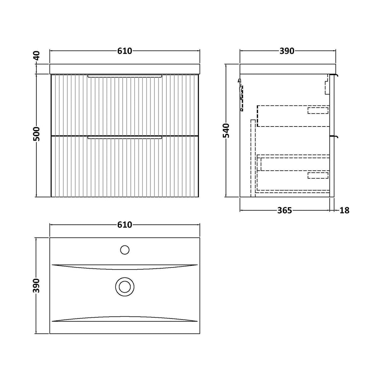 [BFFF293A] Tixall Fluted Front Wall Hung Vanity Basin Unit with Choice of Size, Colour and Handle Options - Technical Drawing