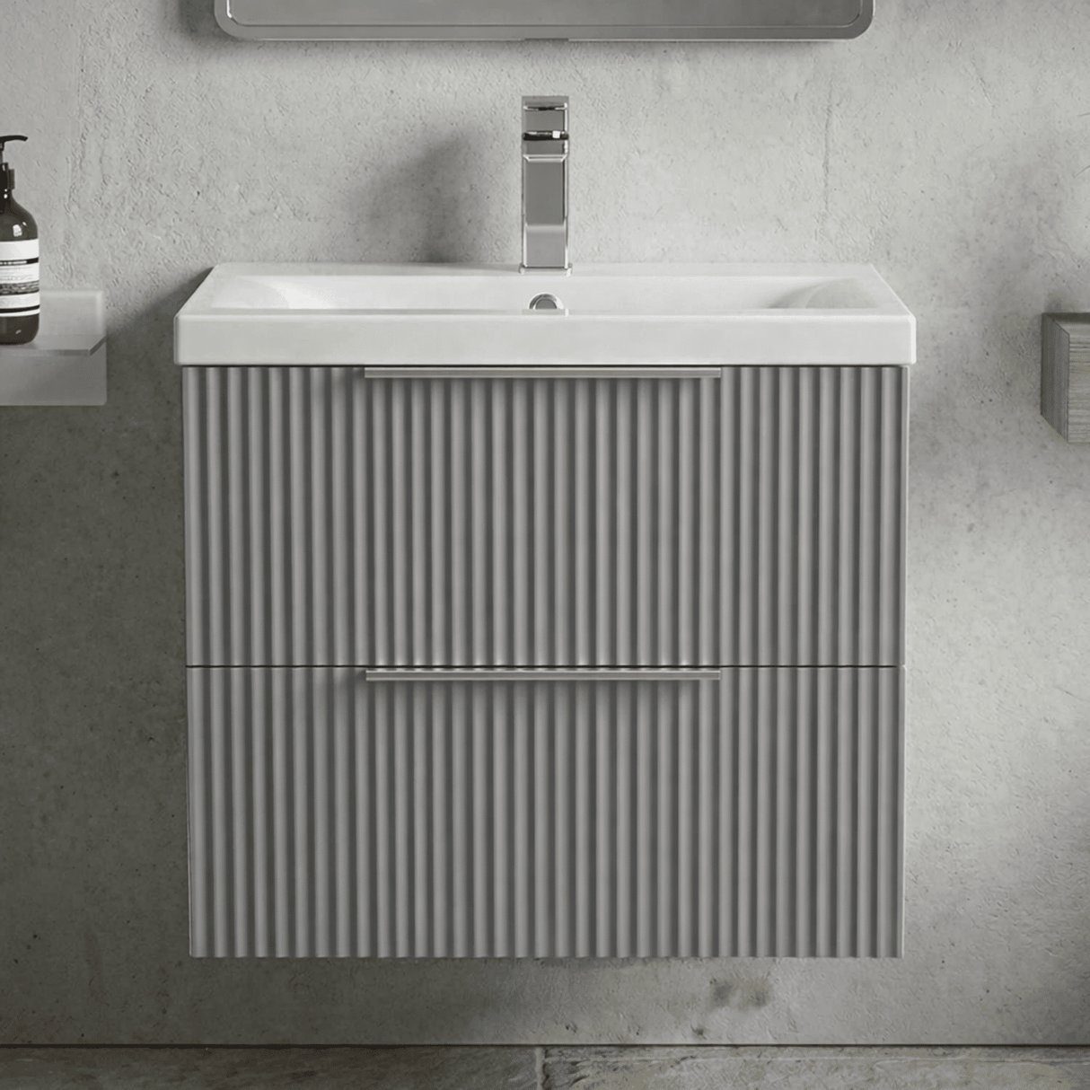 [BFFF293A] Tixall Fluted Front Wall Hung Vanity Basin Unit with Choice of Size, Colour and Handle Options - Silo
