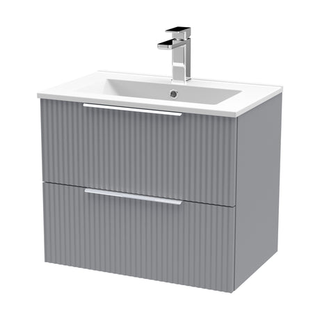 [BFFF293B] Tixall Fluted 2 Drawer Wall Hung Vanity Unit with Minimalist Basin, Satin Grey, 600mm - Cutout