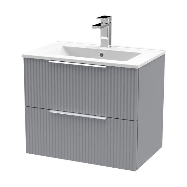 [BFFF293B] Tixall Fluted 2 Drawer Wall Hung Vanity Unit with Minimalist Basin, Satin Grey, 600mm - Cutout