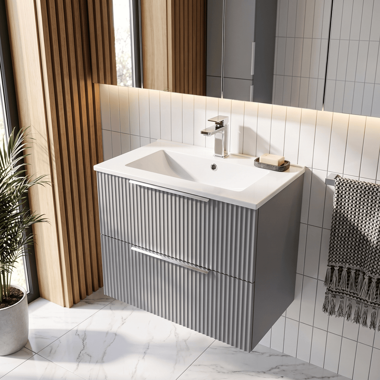 [BFFF293B] Tixall Fluted 2 Drawer Wall Hung Vanity Unit with Minimalist Basin - Choice of Size and Colour