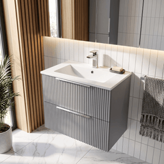 [BFFF293B] Tixall Fluted 2 Drawer Wall Hung Vanity Unit with Minimalist Basin - Choice of Size and Colour