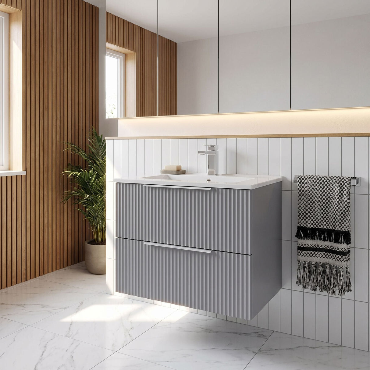 [BFFF293B] Tixall Fluted 2 Drawer Wall Hung Vanity Unit with Minimalist Basin - Choice of Size and Colour