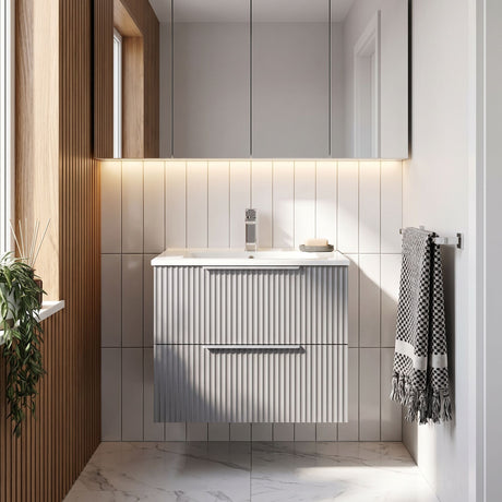 [BFFF293B] Tixall Fluted 2 Drawer Wall Hung Vanity Unit with Minimalist Basin - Choice of Size and Colour - Silo