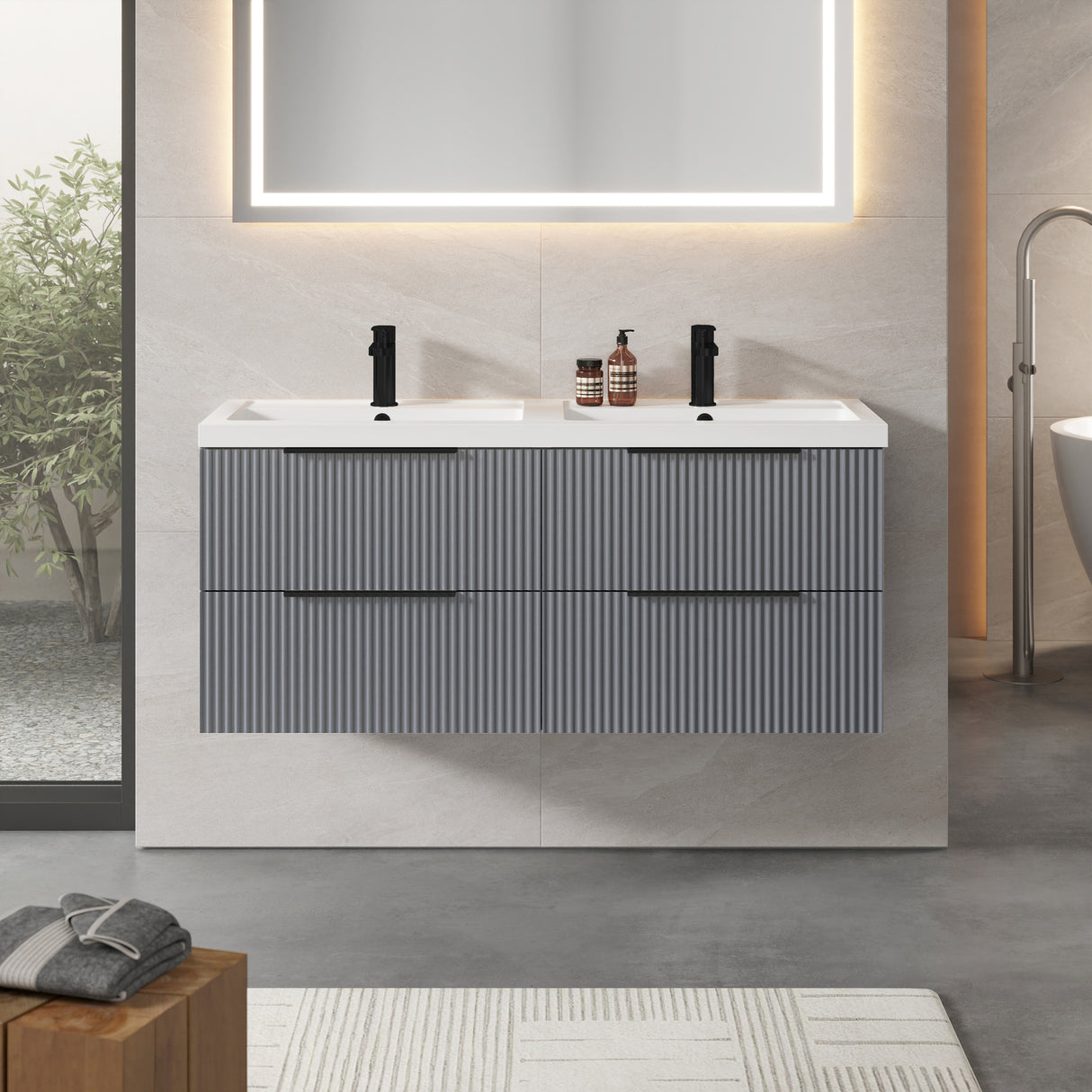 Fluted Front Wall Hung Vanity Basin Unit with Choice of Size, Colour and Handle Options